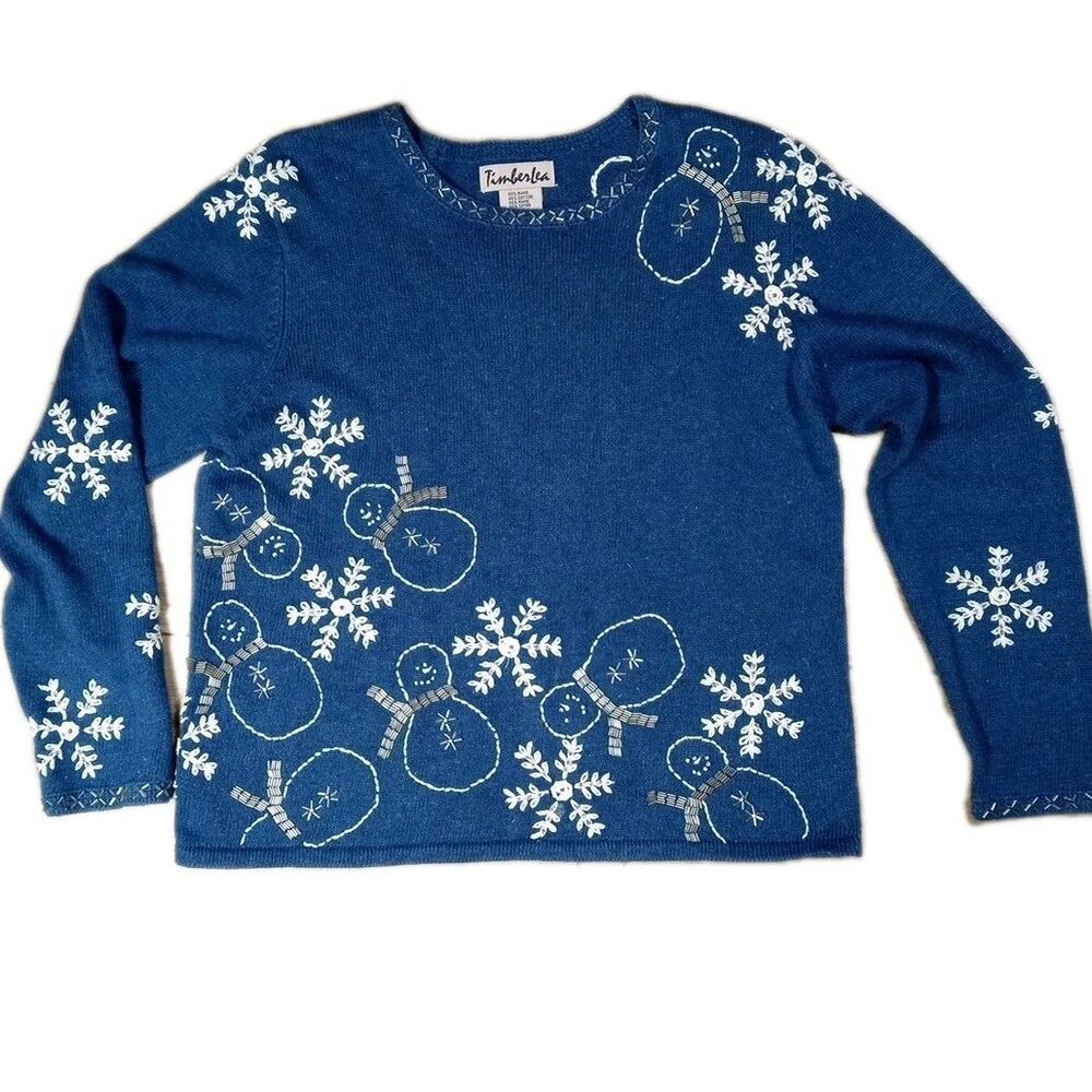 VTG Timberlea Snowman Sweater Beaded Embroidered Pullover M Blue Holiday Teacher